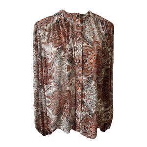 Rachel Zoe Blouse Balloon Style Sleeves Button Front Paisley Rust Creams Medium